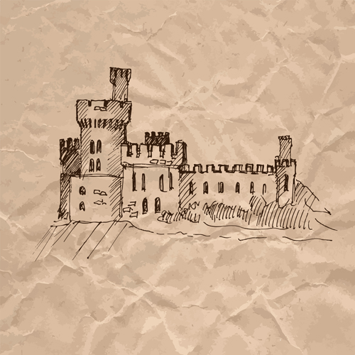Hand drawn medieval buildings and crumpled paper vector 10
