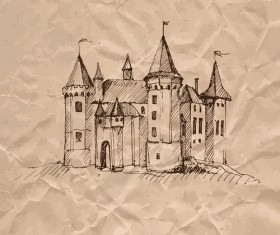 Hand drawn medieval buildings and crumpled paper vector 12