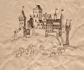 Hand drawn medieval buildings and crumpled paper vector 13