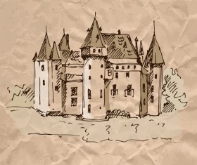Hand drawn medieval buildings and crumpled paper vector 14