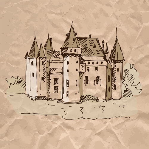Hand drawn medieval buildings and crumpled paper vector 14