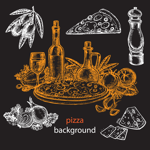 Hand drawn pizza sketch background vector 02