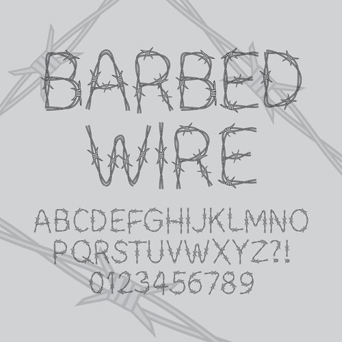 Barbed Wire alphabet with numbers vector