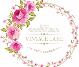 Pink flowers with vintage cards vectors 01