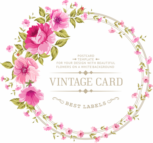 Pink flowers with vintage cards vectors 01