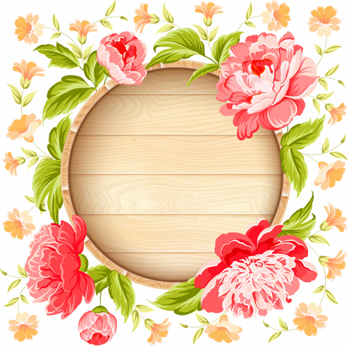 Pink flowers with vintage cards vectors 04
