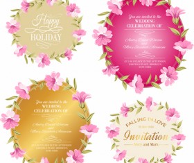 Pink flowers with vintage cards vectors 05