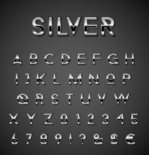 Silver alphabet with numbers and symool vector