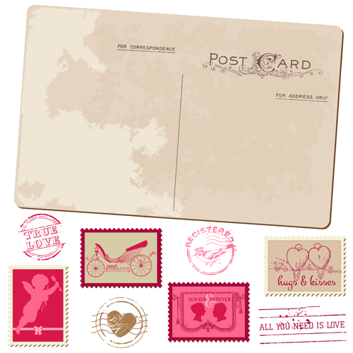 Vintage wedding postcard with postage stamps vector 04
