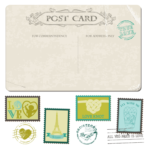 Vintage wedding postcard with postage stamps vector 05