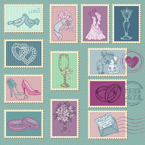 Wedding with love postage stamps vintage vector 01