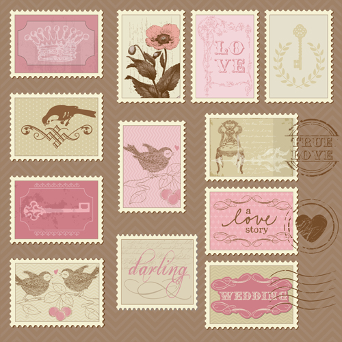 Wedding with love postage stamps vintage vector 04