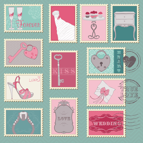 Wedding with love postage stamps vintage vector 05