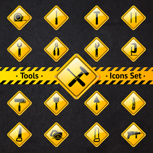 Yellow shining tools icons vector