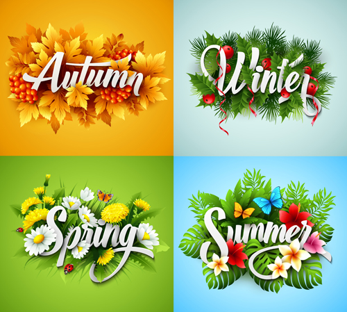 4 seasons beautiful flower labels vector 01