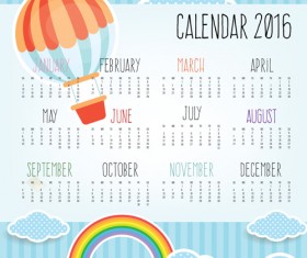Calendar 2016 and hot balloon rainbow with cloud vector