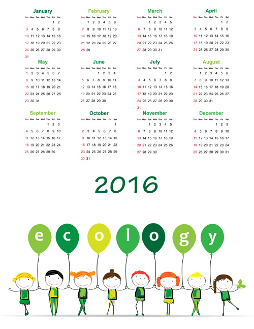 Calendar 2016 kids cartoon object vector 04
