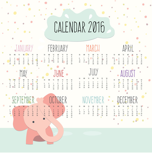 Calendar 2016 with Cartoon elephant vector