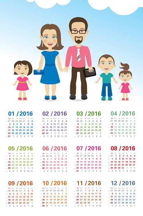 Calendar 2016 with family vector design 01