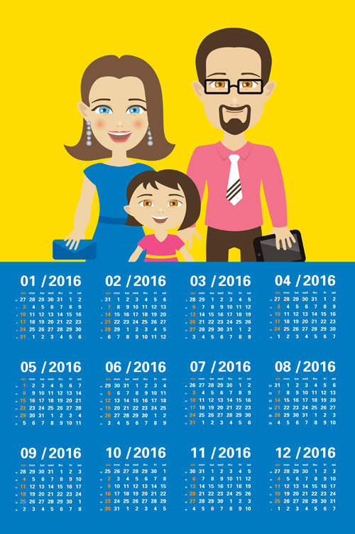 Calendar 2016 with family vector design 02