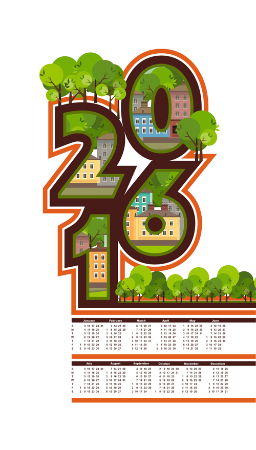 Calendar 2016 with green city vector 01