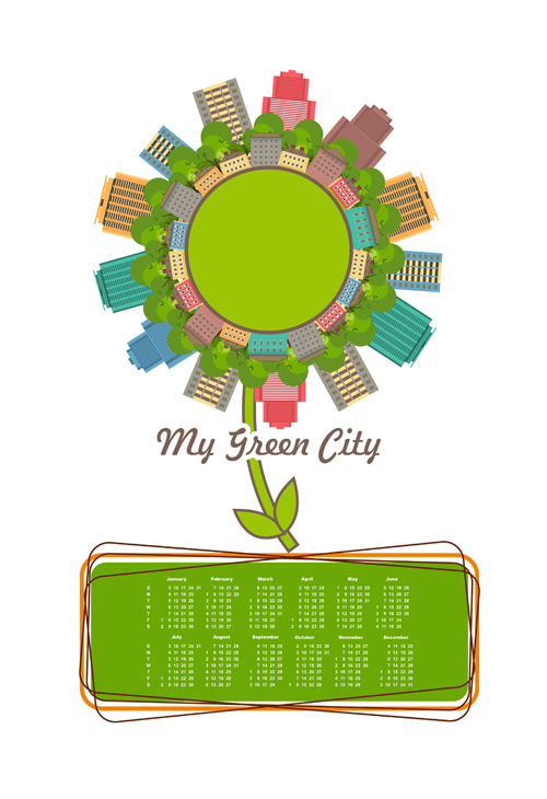 Calendar 2016 with green city vector 02