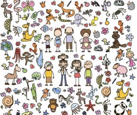 Cartoon animal with people hand drawing vector