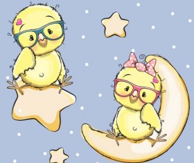 Cartoon chick with stars and moon card vector