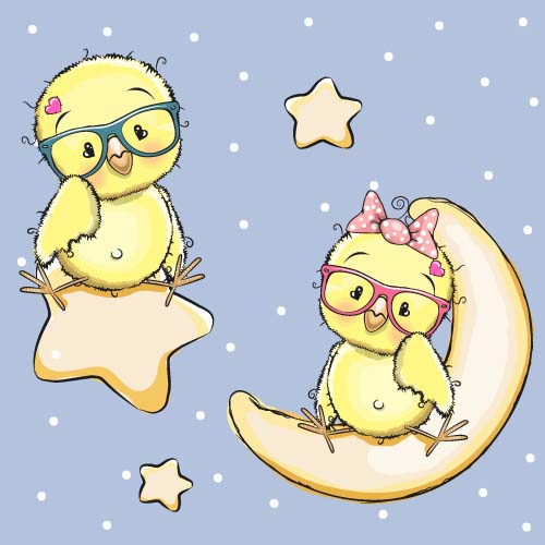 Cartoon chick with stars and moon card vector
