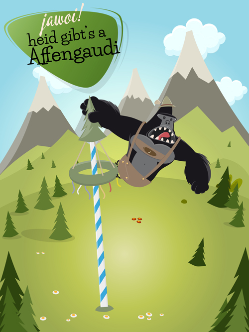 Cartoon gorilla and mountains vector