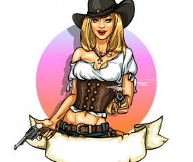 Cowboy girl with vintage labels vector 02