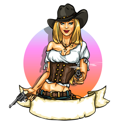 Cowboy girl with vintage labels vector 02