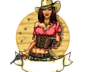 Cowboy girl with vintage labels vector 03