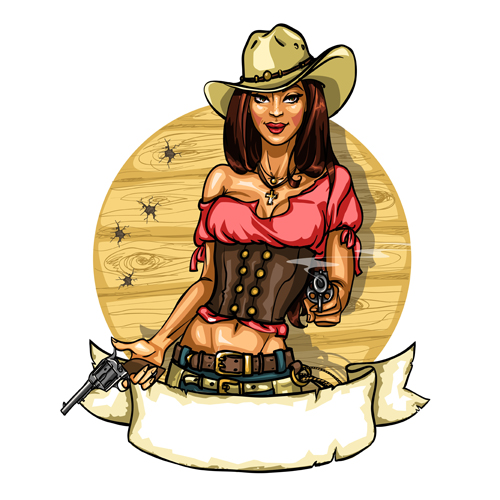 Cowboy girl with vintage labels vector 03