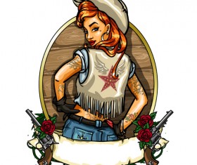 Cowboy girl with vintage labels vector 04