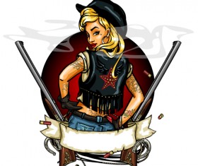 Cowboy girl with vintage labels vector 05