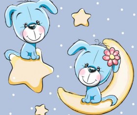 Cute dog with stars and moon card vector 01