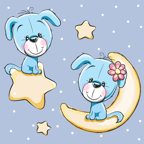Cute dog with stars and moon card vector 01