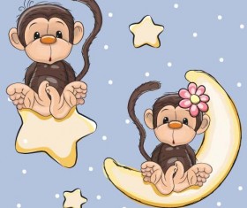 Cute monkey with stars and moon card vector