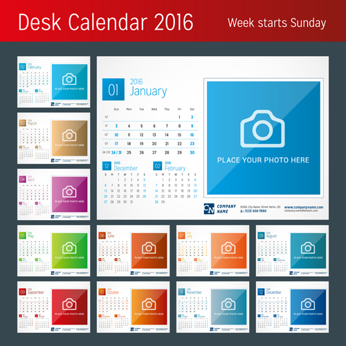 Desk calendar 2016 with your photo vector 02