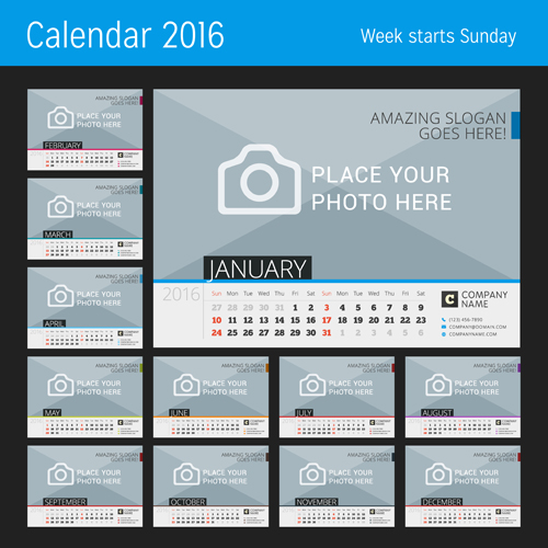 Desk calendar 2016 with your photo vector 07