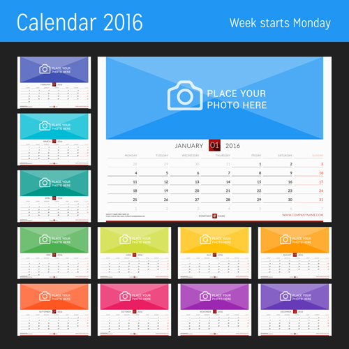 Desk calendar 2016 with your photo vector 08