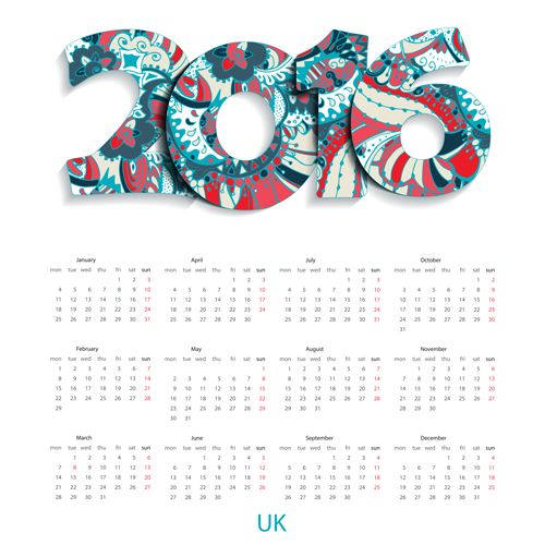 Floral pattern calendar 2016 vector 01