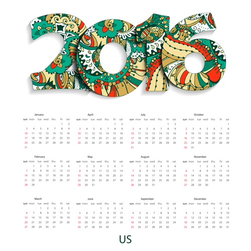Floral pattern calendar 2016 vector 02