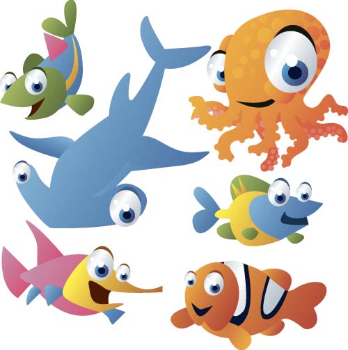 Funny marine animal cartoon vectors set 01