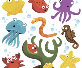 Funny marine animal cartoon vectors set 02