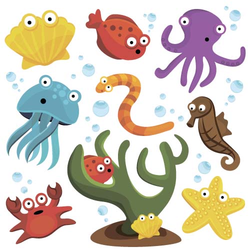 Funny marine animal cartoon vectors set 02