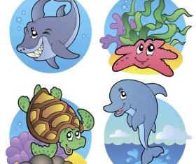 Funny marine animal cartoon vectors set 03