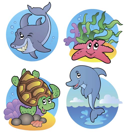 Funny marine animal cartoon vectors set 03