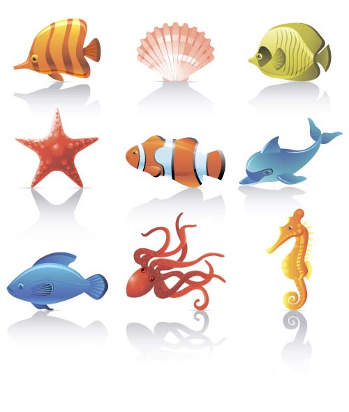 Funny marine animal cartoon vectors set 04